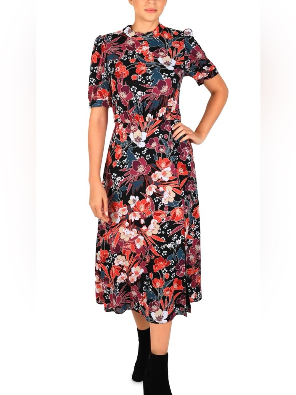 julia jordan Black Floral Midi Dress with Red & Pink Blooms